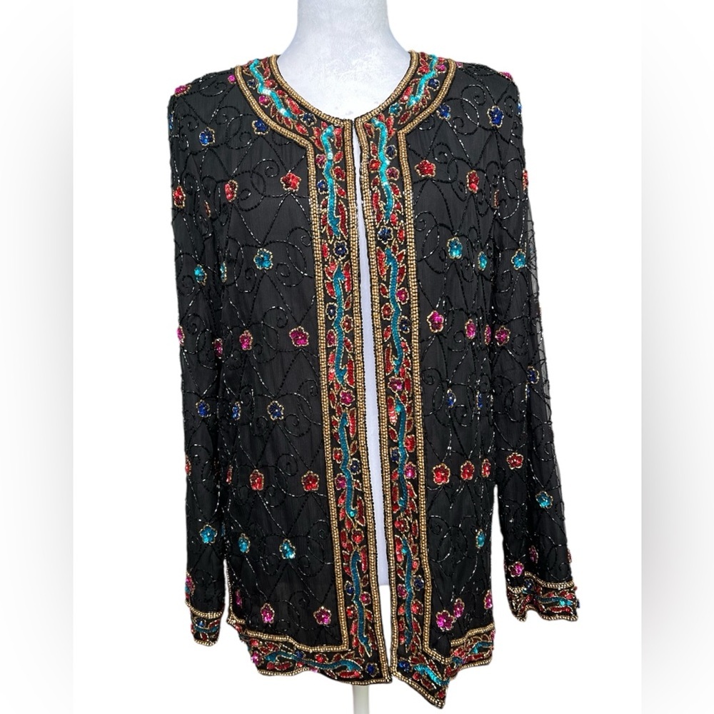 Floral Beaded Silk Jacket, 100% Black Silk